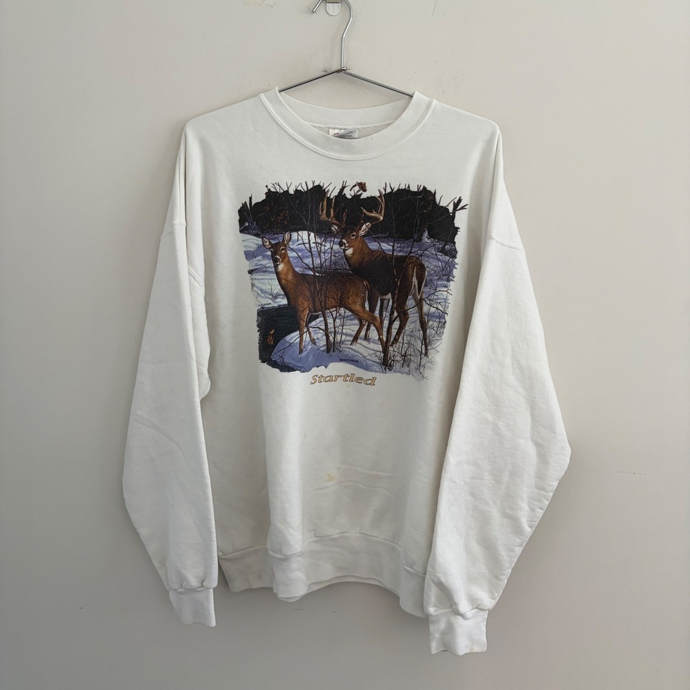 Vintage Hanes ComfortBlend Startled Deer Graphic Sweatshirt White XL